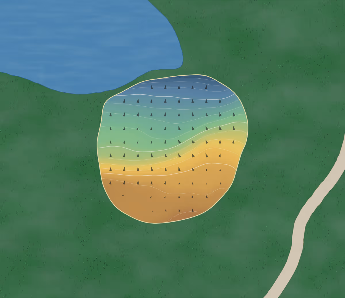 Green contour map of Blacknest in Alton, United Kingdom — 124 elevation contours at a 8-centimeter interval with fall-line arrows, traced from 1-meter lidar