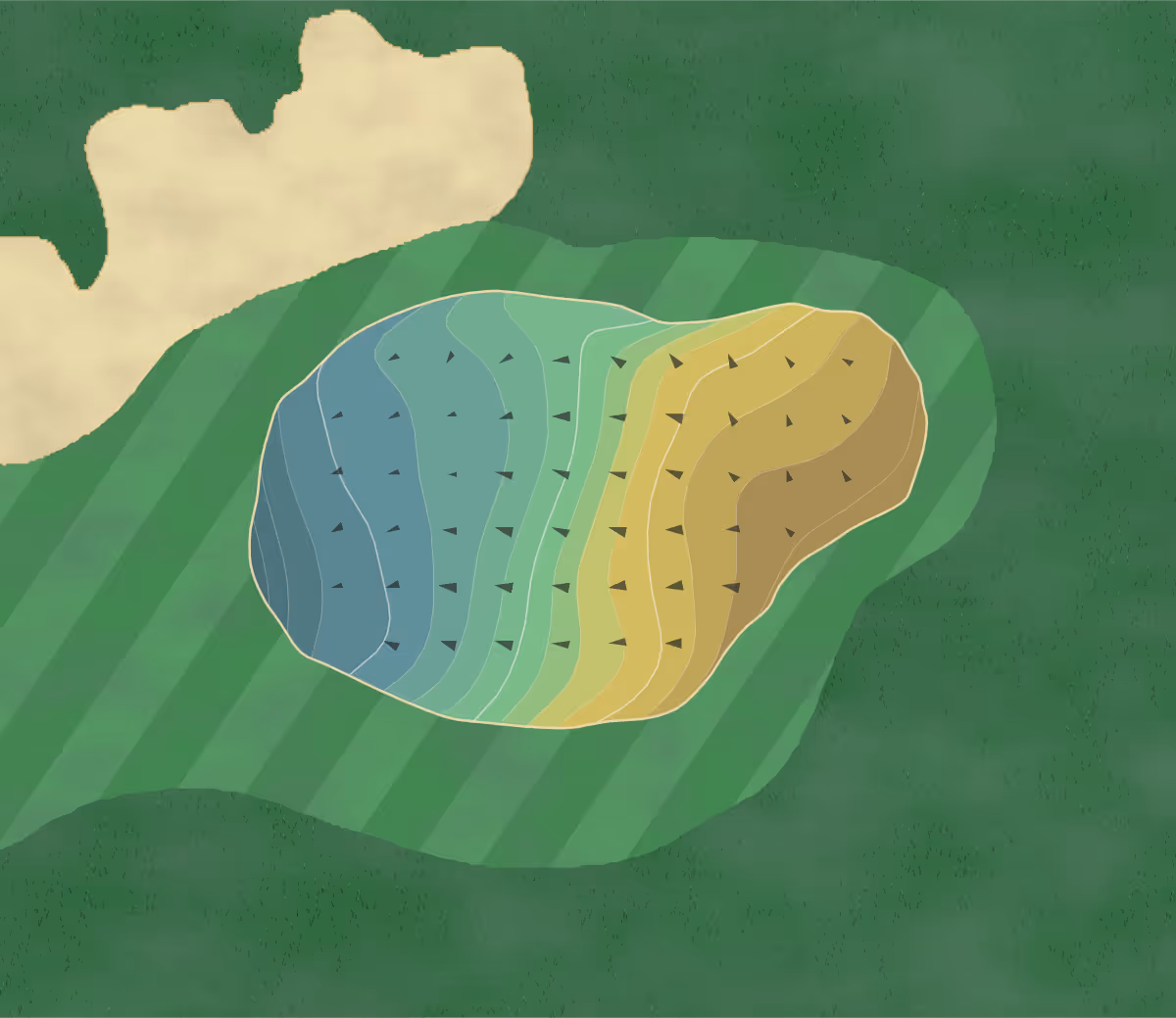 Green contour map of Blacksburg Municipal in Blacksburg, Virginia — 102 elevation contours at a 3-inch interval with fall-line arrows, traced from 1-meter lidar
