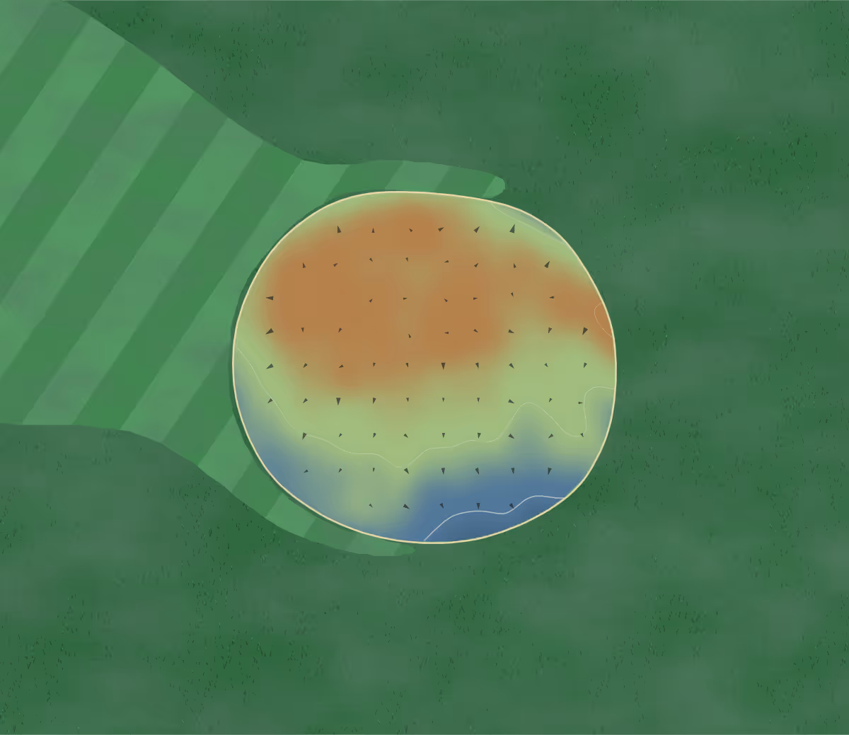 Green contour map of Blackwater Valley in Yately, England: 32 elevation contours at a 8-centimeter interval with fall-line arrows, traced from 1-meter lidar