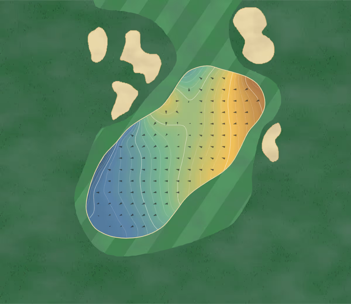Green contour map of Blackwell GC in Blackwell, England: 235 elevation contours at a 8-centimeter interval with fall-line arrows, traced from 1-meter lidar