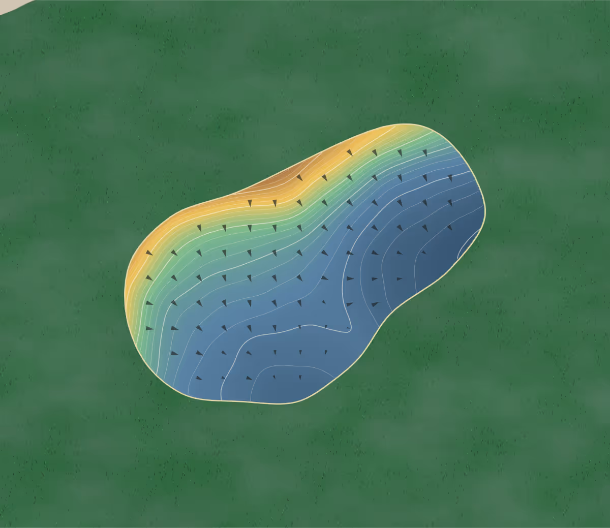 Green contour map of Blairhampton Golf Club in Minden, Canada — 207 elevation contours at a 8-centimeter interval with fall-line arrows, traced from 1-meter lidar