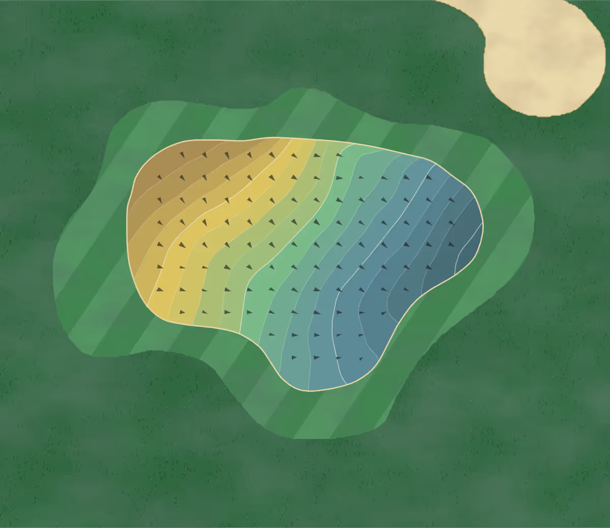 Green contour map of Blakes GC in Epping, England — 216 elevation contours at a 8-centimeter interval with fall-line arrows, traced from 1-meter lidar
