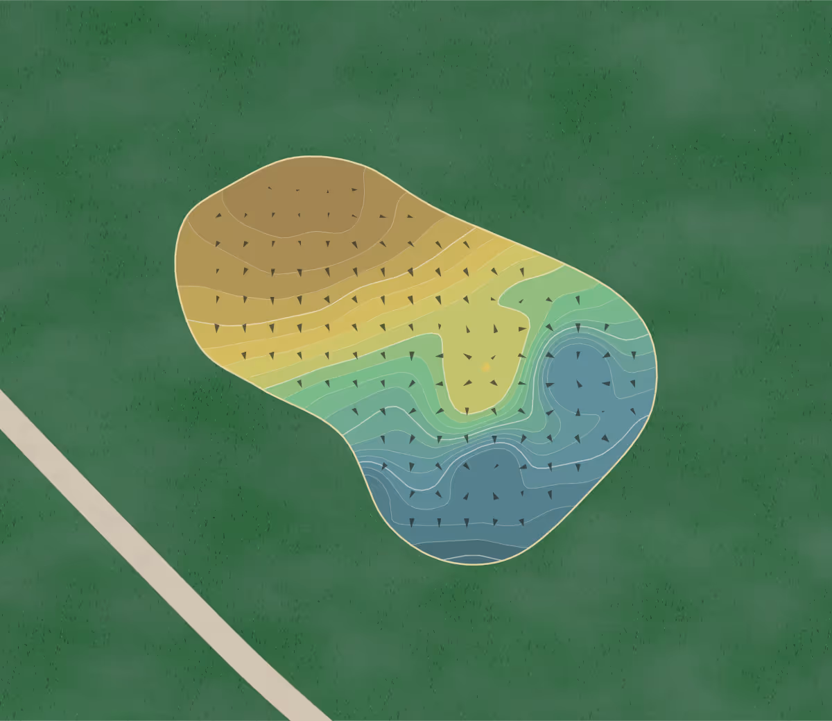 Green contour map of Bleadon Hill in Bleadon, England — 112 elevation contours at a 8-centimeter interval with fall-line arrows, traced from 1-meter lidar
