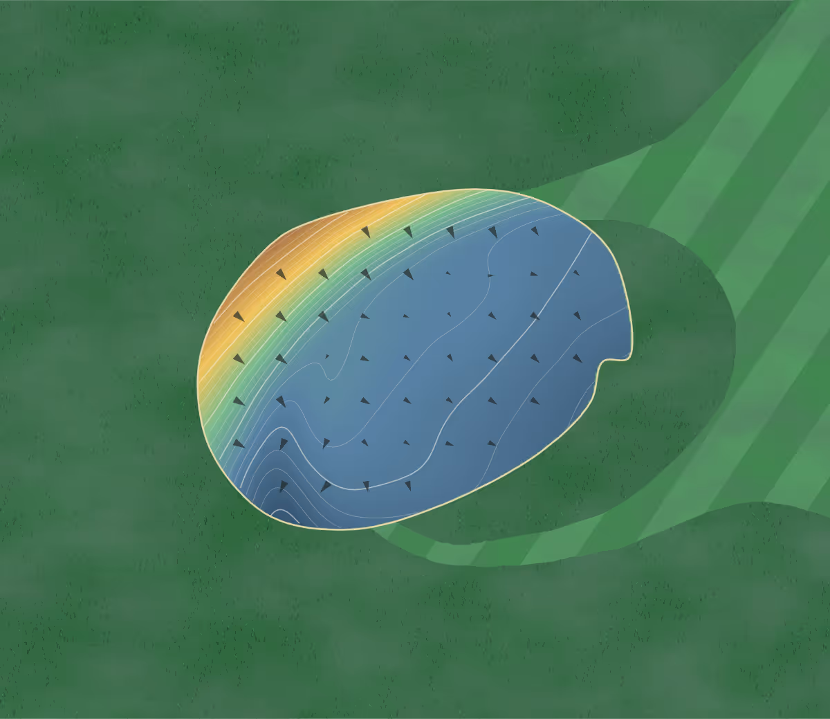 Green contour map of Bloch Memorial in Waynesburg, Pennsylvania: 139 elevation contours at a 3-inch interval with fall-line arrows, traced from 1-meter lidar