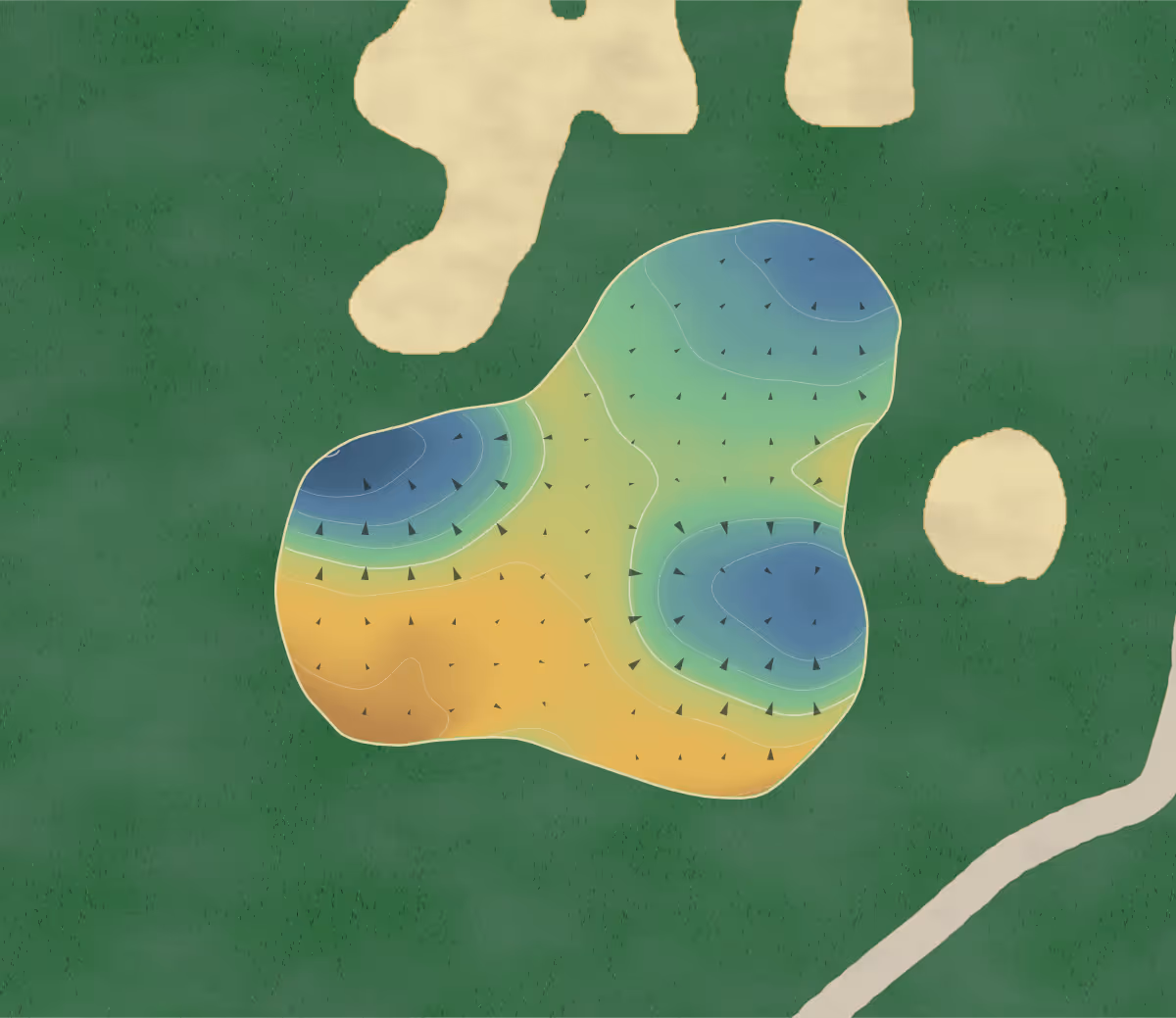 Green contour map of Bloomington Downs in Richmond Hill, Canada — 80 elevation contours at a 8-centimeter interval with fall-line arrows, traced from 1-meter lidar