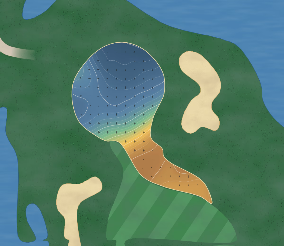 Green contour map of Blue Heron in Stevensville, Maryland: 186 elevation contours at a 3-inch interval with fall-line arrows, traced from 1-meter lidar