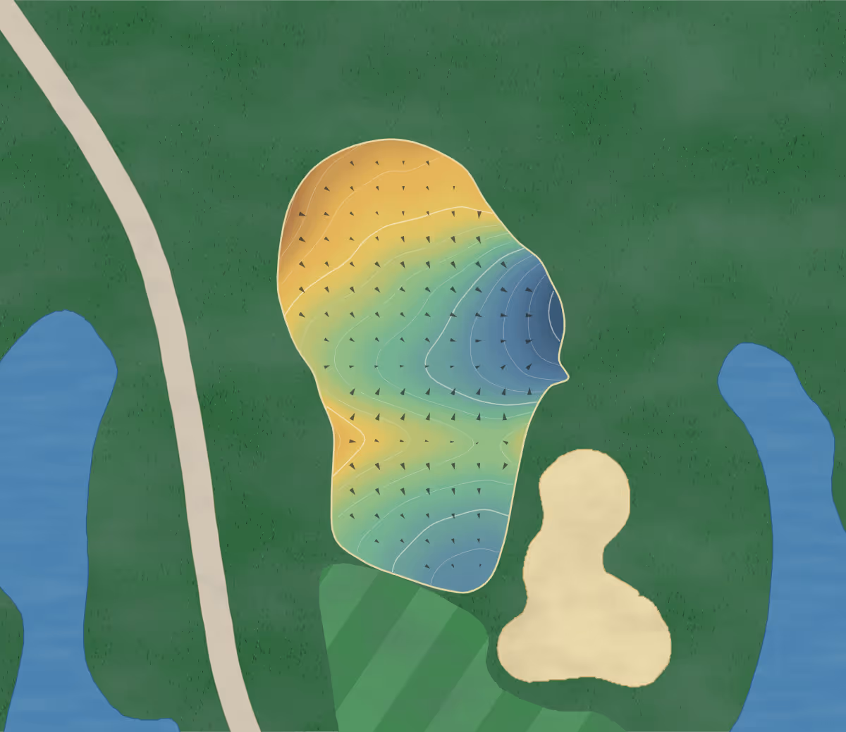 Green contour map of Blue Ocean in Sechelt, Canada — 179 elevation contours at a 8-centimeter interval with fall-line arrows, traced from 1-meter lidar