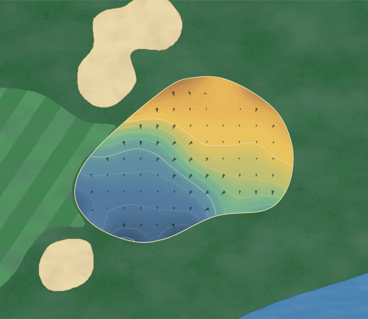 Green contour map of Blue Springs Golf Club in Blue Springs, Missouri — 153 elevation contours at a 3-inch interval with fall-line arrows, traced from 1-meter lidar