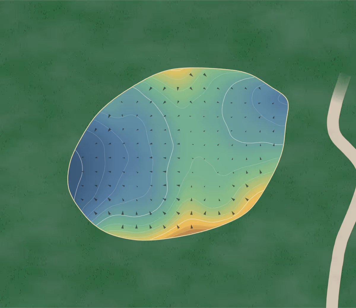 Green contour map of Blue Springs in Acton, Canada: 181 elevation contours at a 8-centimeter interval with fall-line arrows, traced from 1-meter lidar