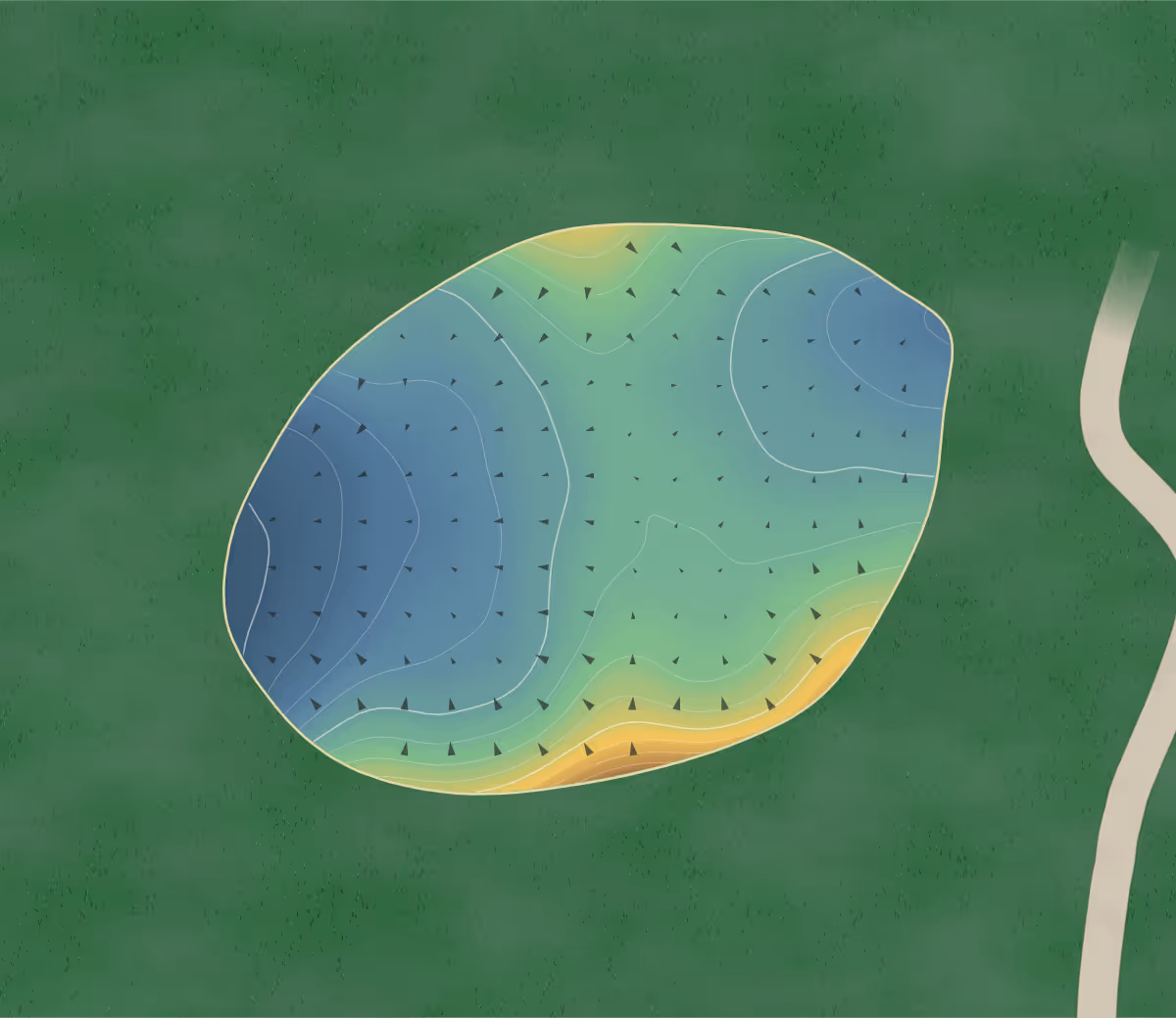Green contour map of Blue Springs in Acton, Canada — 184 elevation contours at a 8-centimeter interval with fall-line arrows, traced from 1-meter lidar
