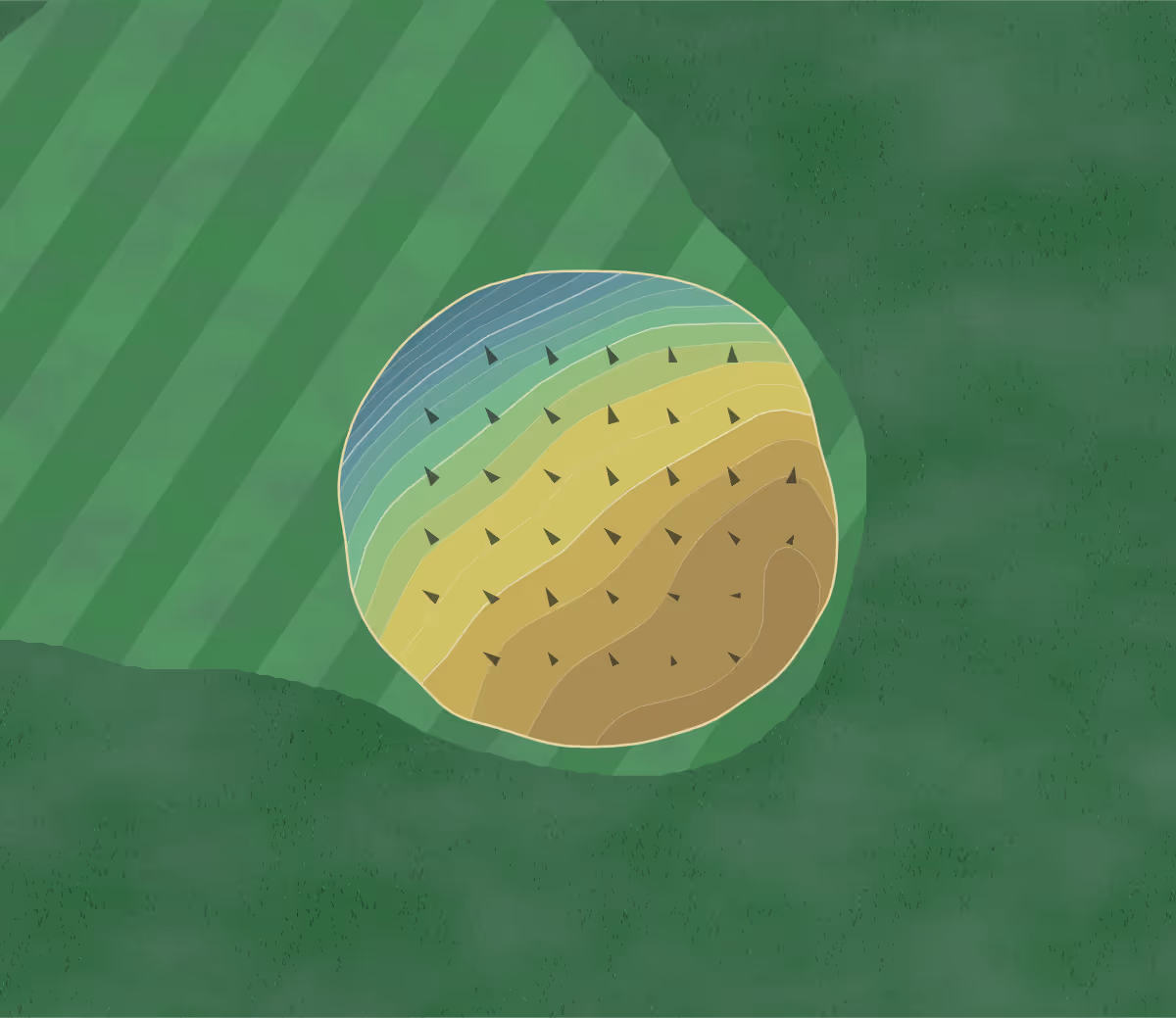 Green contour map of Bluegrass Creek Golf Course in Minier, Illinois — 84 elevation contours at a 3-inch interval with fall-line arrows, traced from 1-meter lidar