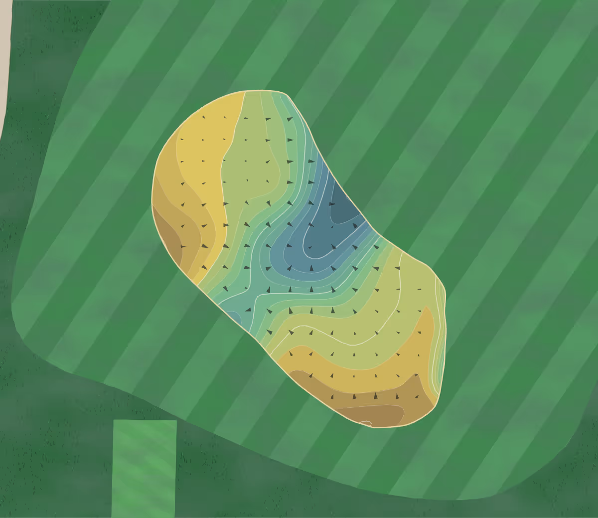 Green contour map of Bluejack National in Montgomery, Texas — 300 elevation contours at a 3-inch interval with fall-line arrows, traced from 1-meter lidar