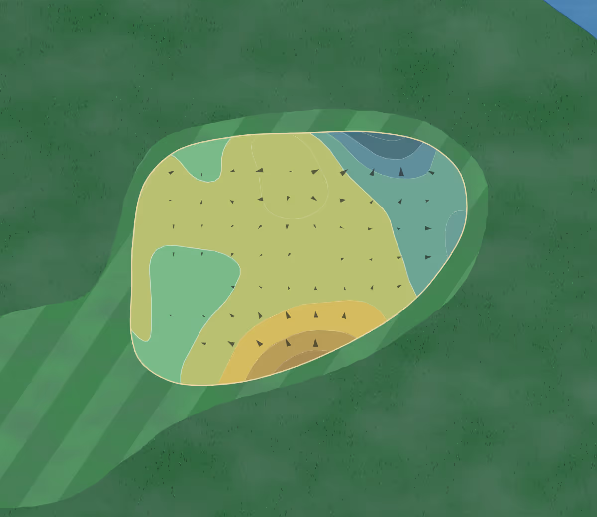 Green contour map of Blues Creek in Marsyville, Ohio — 131 elevation contours at a 3-inch interval with fall-line arrows, traced from 1-meter lidar