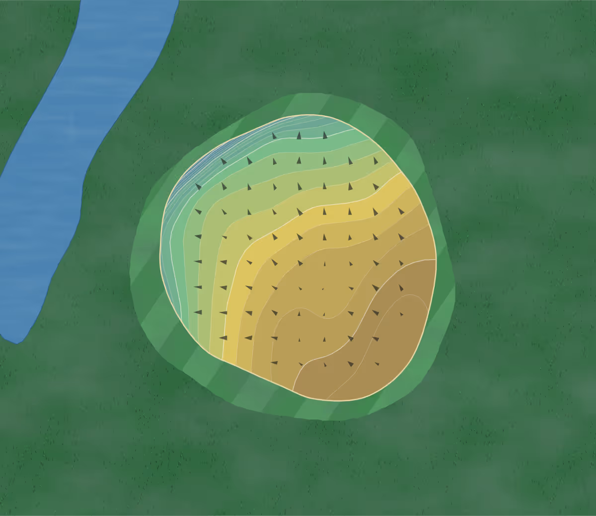 Green contour map of Bluff Creek in Greenwood, Indiana — 165 elevation contours at a 3-inch interval with fall-line arrows, traced from 1-meter lidar