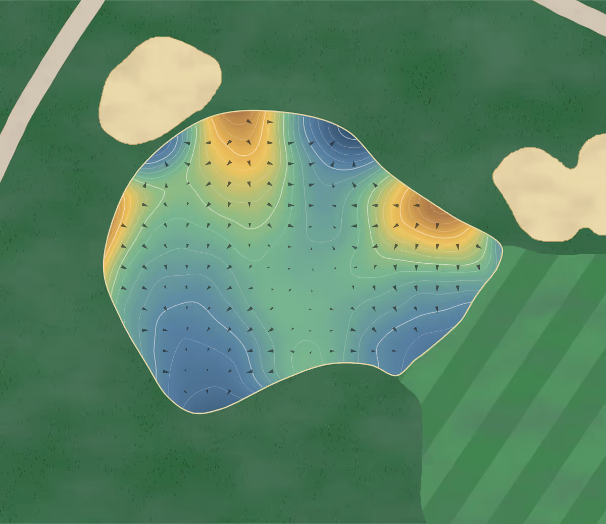 Green contour map of Bluffs of Waterstone in Oxford, Michigan — 274 elevation contours at a 3-inch interval with fall-line arrows, traced from 1-meter lidar