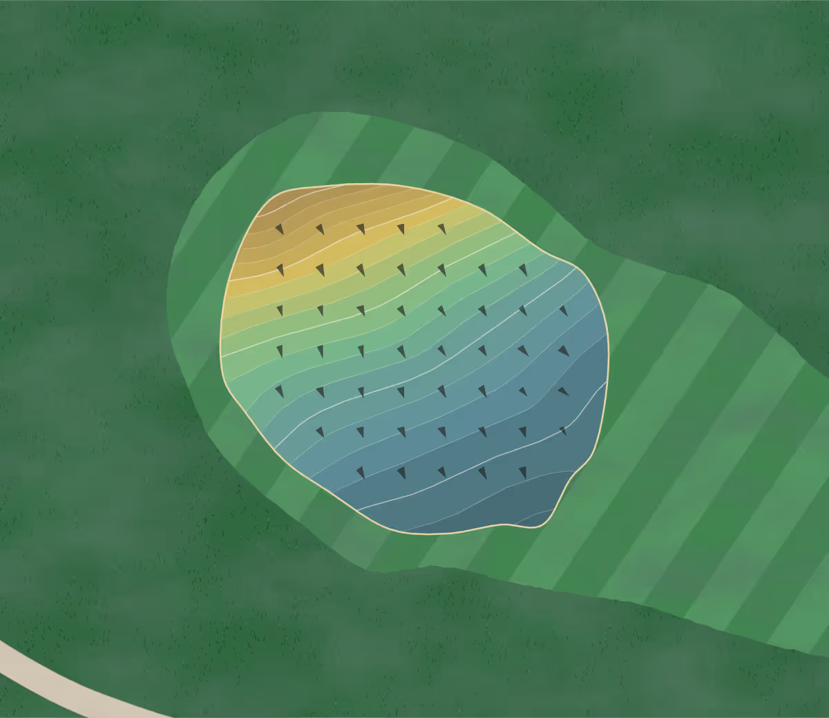 Green contour map of Bluffton GC in Bluffton, Ohio — 178 elevation contours at a 3-inch interval with fall-line arrows, traced from 1-meter lidar