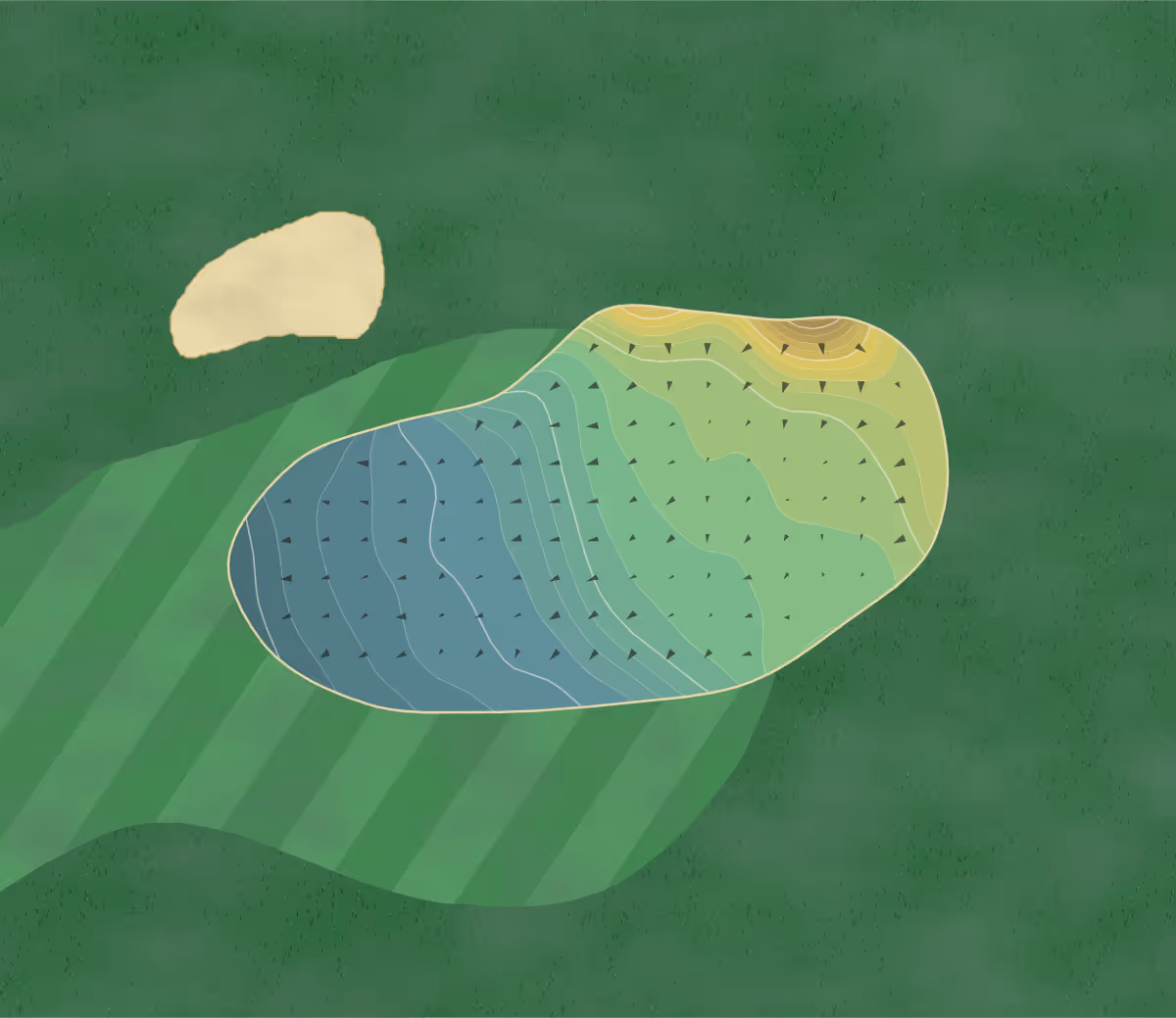 Green contour map of Blundells Hill in Rainhill, England — 215 elevation contours at a 8-centimeter interval with fall-line arrows, traced from 1-meter lidar