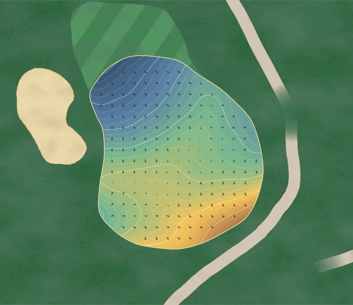 Green contour map of Board of Trade in Woodbridge, Canada — 290 elevation contours at a 8-centimeter interval with fall-line arrows, traced from 1-meter lidar