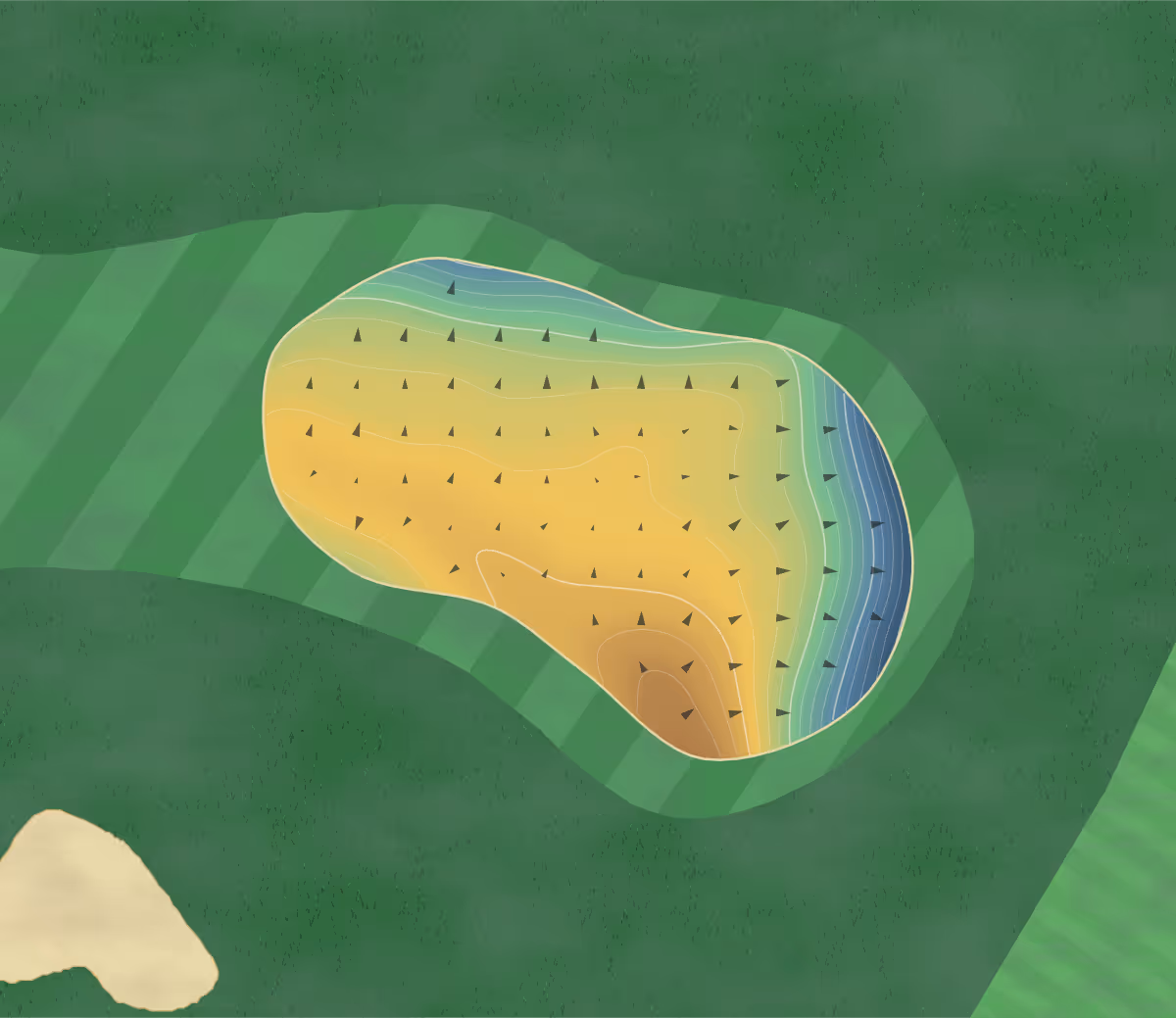 Green contour map of Boars Head in Crowborough, England — 126 elevation contours at a 8-centimeter interval with fall-line arrows, traced from 1-meter lidar