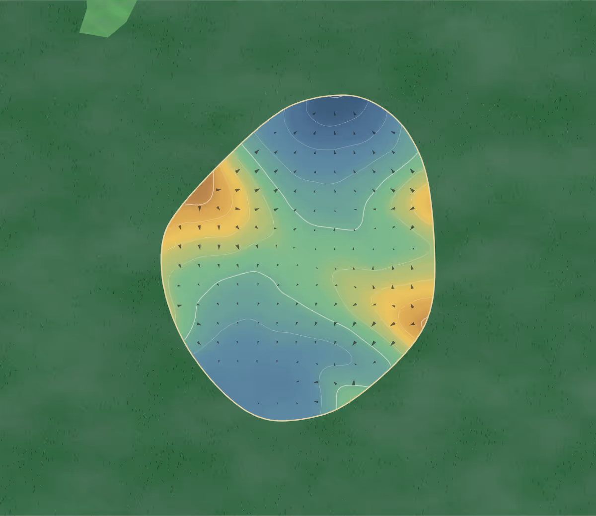 Green contour map of Bob Martin in Exeter, Canada: 33 elevation contours at a 8-centimeter interval with fall-line arrows, traced from 1-meter lidar