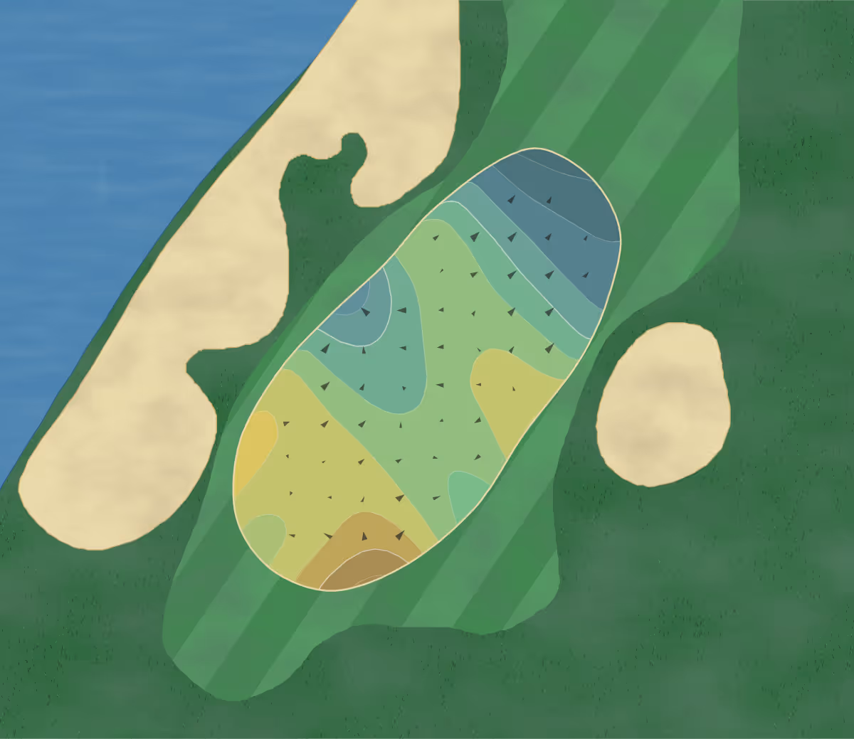 Green contour map of Boca Delray in Delray Beach, Florida — 36 elevation contours at a 3-inch interval with fall-line arrows, traced from 1-meter lidar