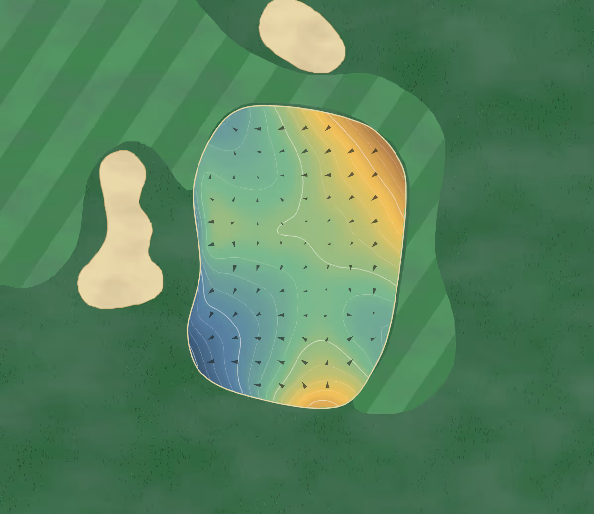Green contour map of Bogey Club in St. Louis, Missouri: 201 elevation contours at a 3-inch interval with fall-line arrows, traced from 1-meter lidar