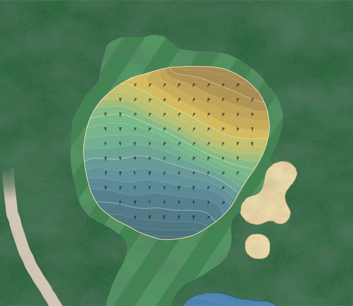 Green contour map of Bogey Hills in St. Charles, Missouri — 285 elevation contours at a 3-inch interval with fall-line arrows, traced from 1-meter lidar