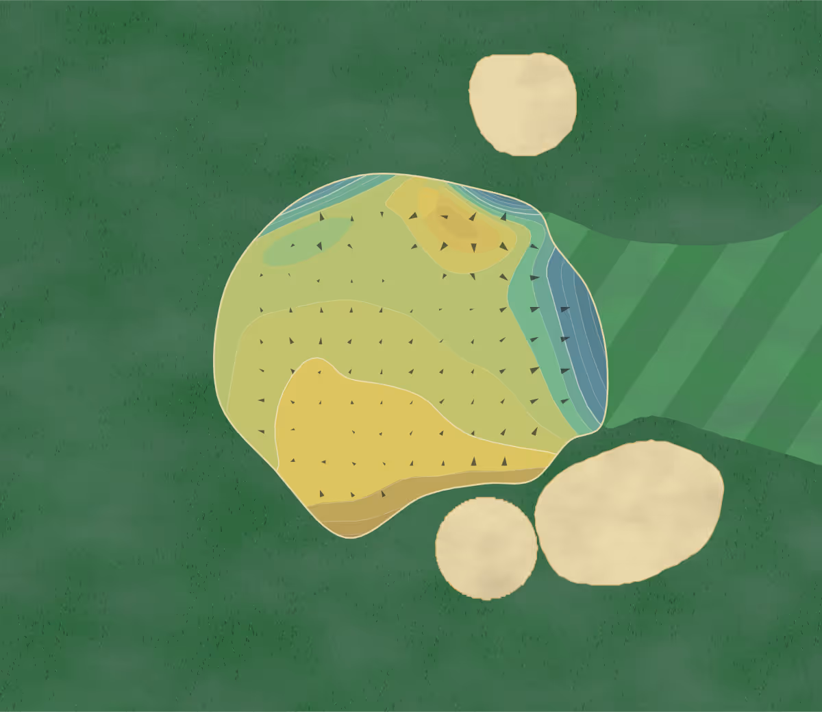 Green contour map of Boldmere GC in Sutton Coldfield, England — 168 elevation contours at a 8-centimeter interval with fall-line arrows, traced from 1-meter lidar