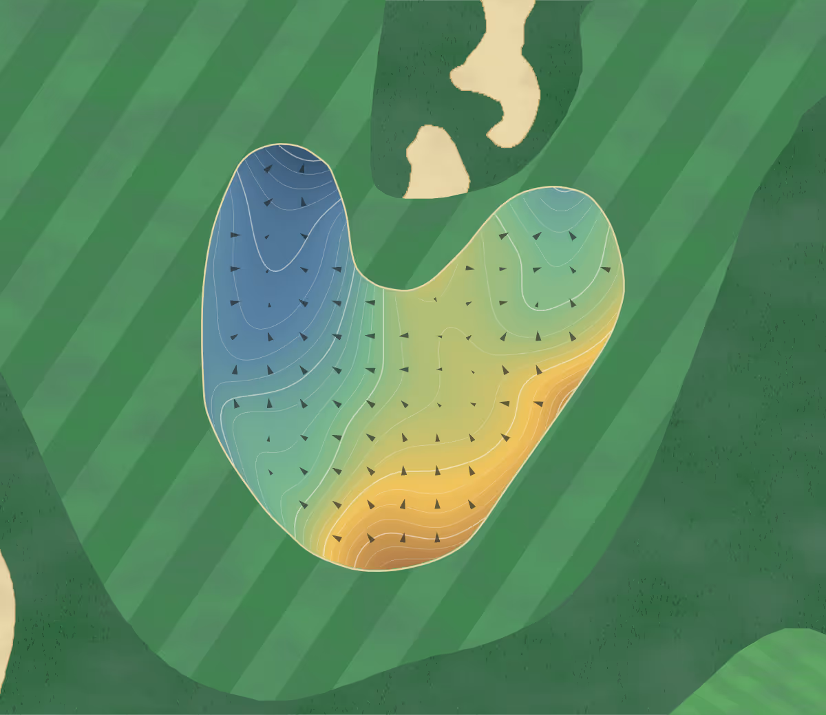 Green contour map of Bonnie Doon in Pagewood, Australia — 308 elevation contours at a 8-centimeter interval with fall-line arrows, traced from 1-meter lidar