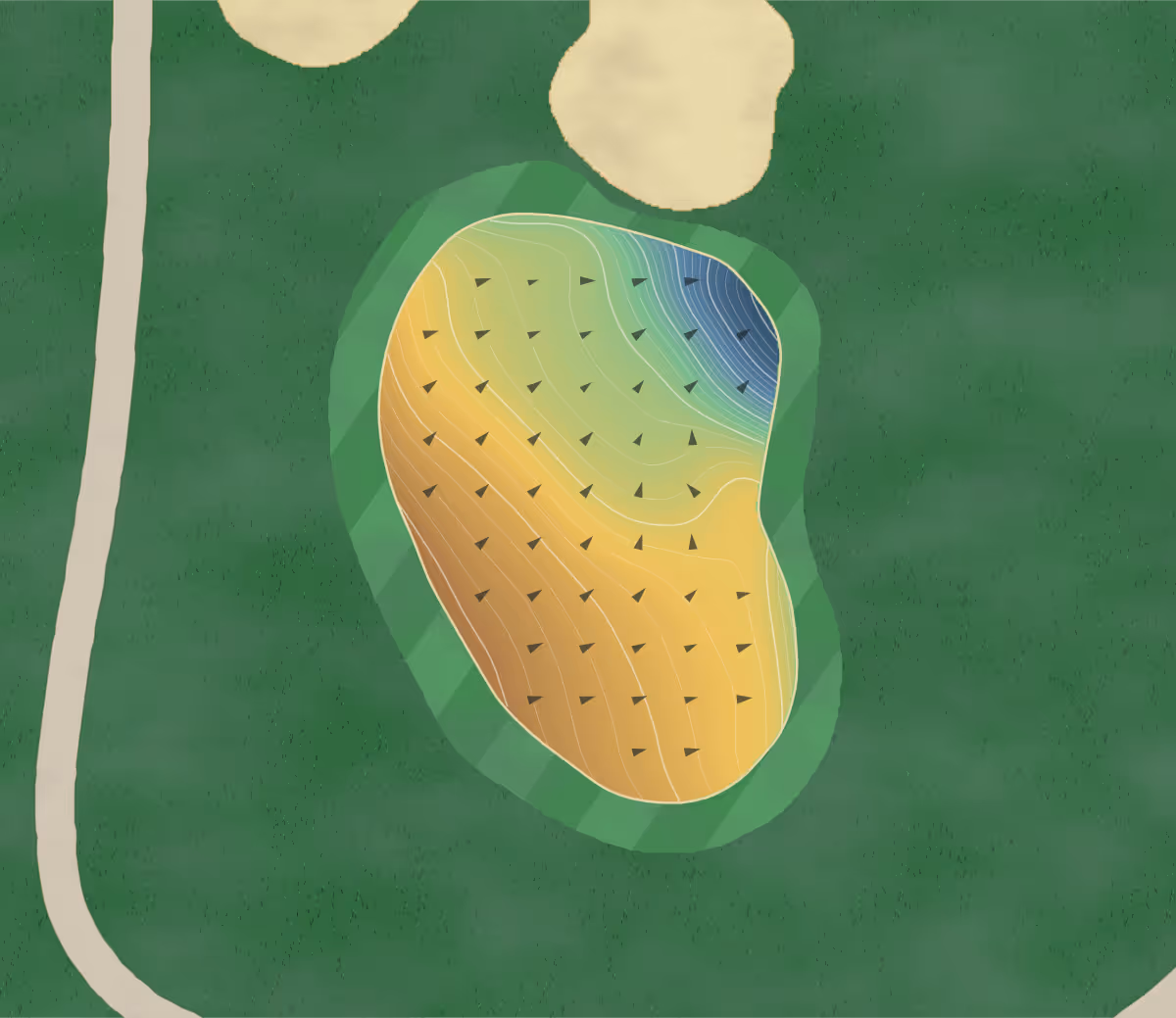 Green contour map of Bonville in Bonville, Australia — 217 elevation contours at a 8-centimeter interval with fall-line arrows, traced from 1-meter lidar