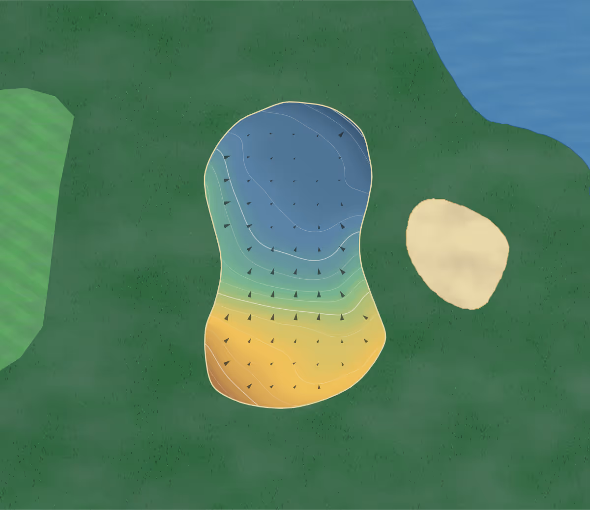 Green contour map of Bootheel Golf Course in Missouri, United States — 152 elevation contours at a 3-inch interval with fall-line arrows, traced from 1-meter lidar
