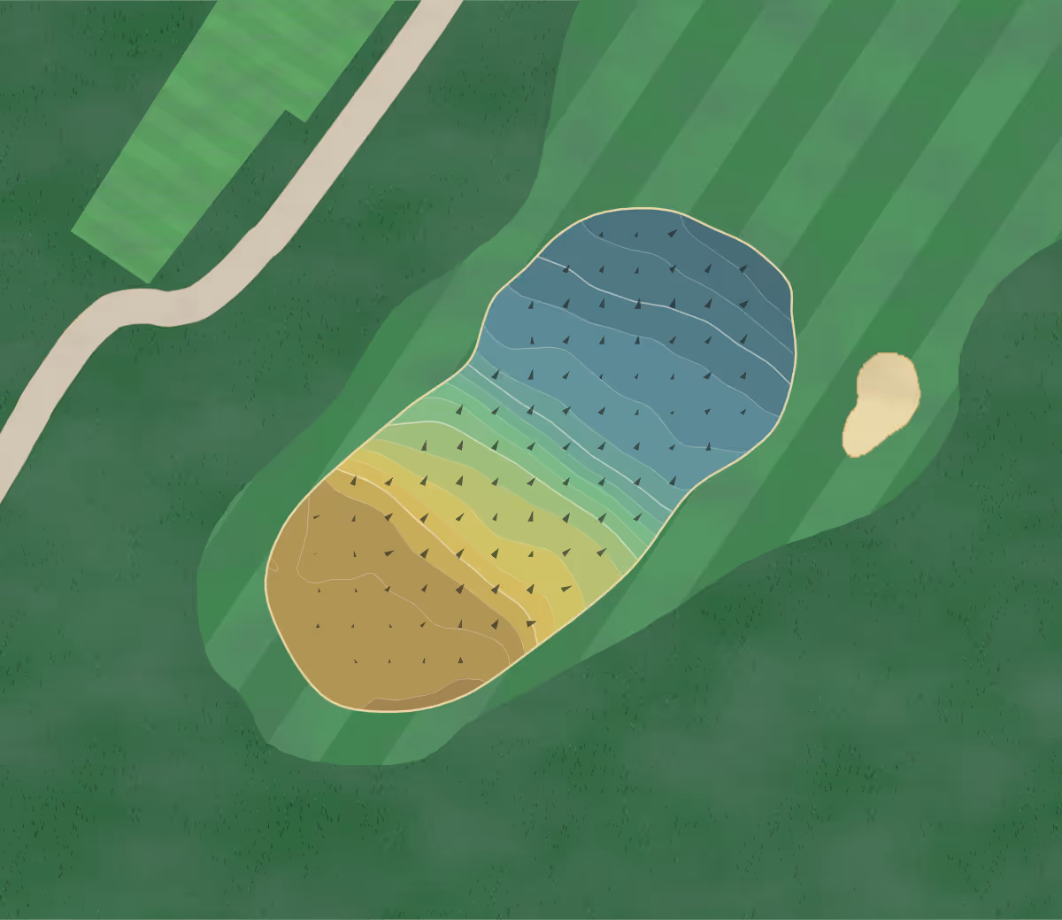 Green contour map of Bootle GC in Merseyside, England — 126 elevation contours at a 8-centimeter interval with fall-line arrows, traced from 1-meter lidar