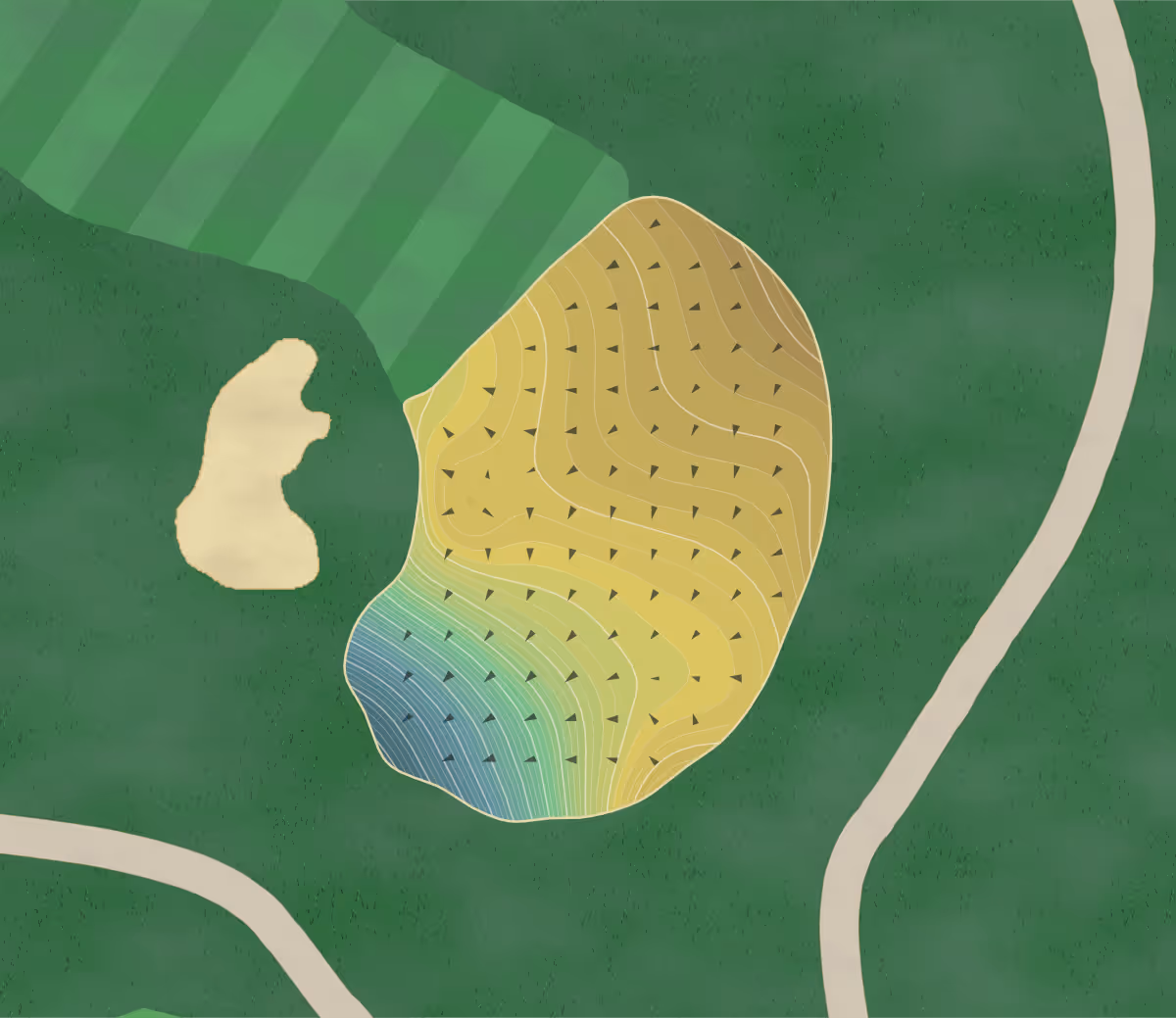 Green contour map of Bos Landen in Pella, Iowa — 422 elevation contours at a 3-inch interval with fall-line arrows, traced from 1-meter lidar