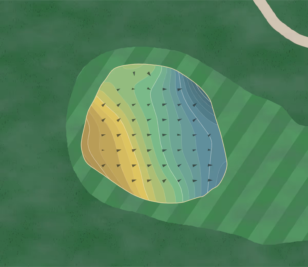 Green contour map of Boscobel GC in Pendleton, South Carolina — 209 elevation contours at a 3-inch interval with fall-line arrows, traced from 1-meter lidar