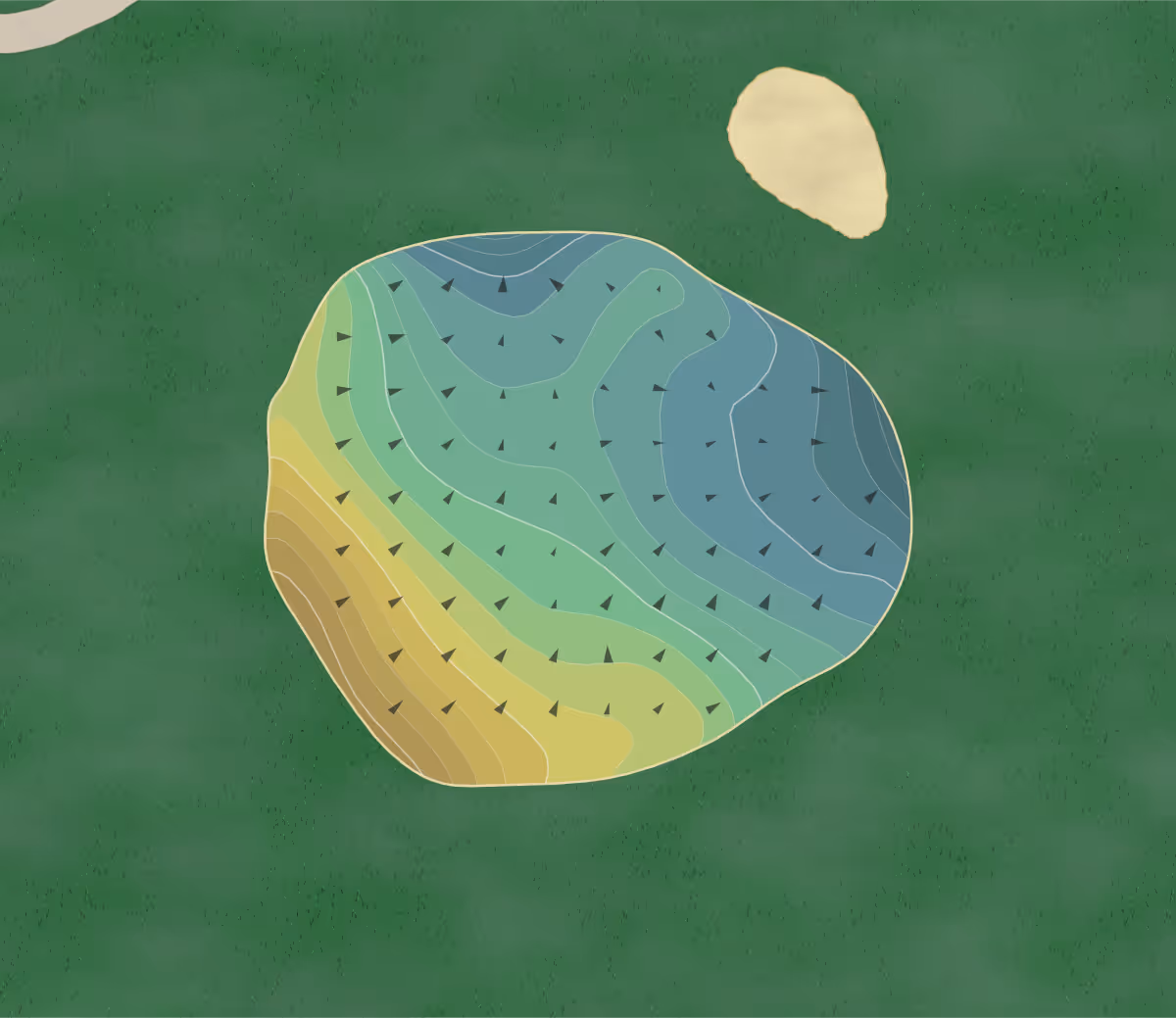 Green contour map of Botetourt Golf in Troutville, Virginia — 204 elevation contours at a 3-inch interval with fall-line arrows, traced from 1-meter lidar