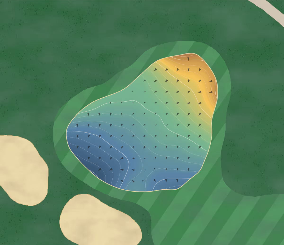 Green contour map of Boulder Creek Gc in Belmont, Michigan — 39 elevation contours at a 3-inch interval with fall-line arrows, traced from 1-meter lidar