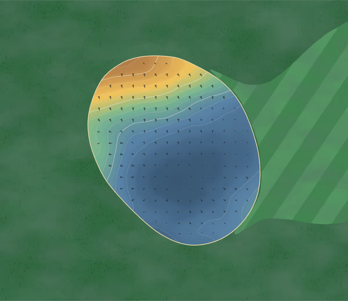 Green contour map of Boulder Pointe in Oxford, Michigan — 117 elevation contours at a 3-inch interval with fall-line arrows, traced from 1-meter lidar