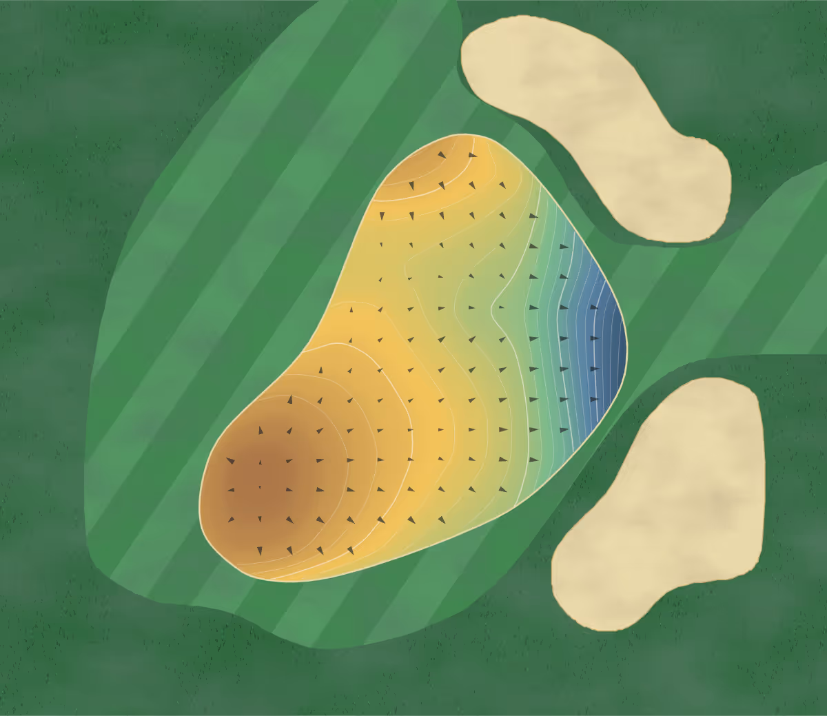 Green contour map of Boso Country Club in Kisarazu, Japan: 428 elevation contours at a 8-centimeter interval with fall-line arrows, traced from 1-meter lidar