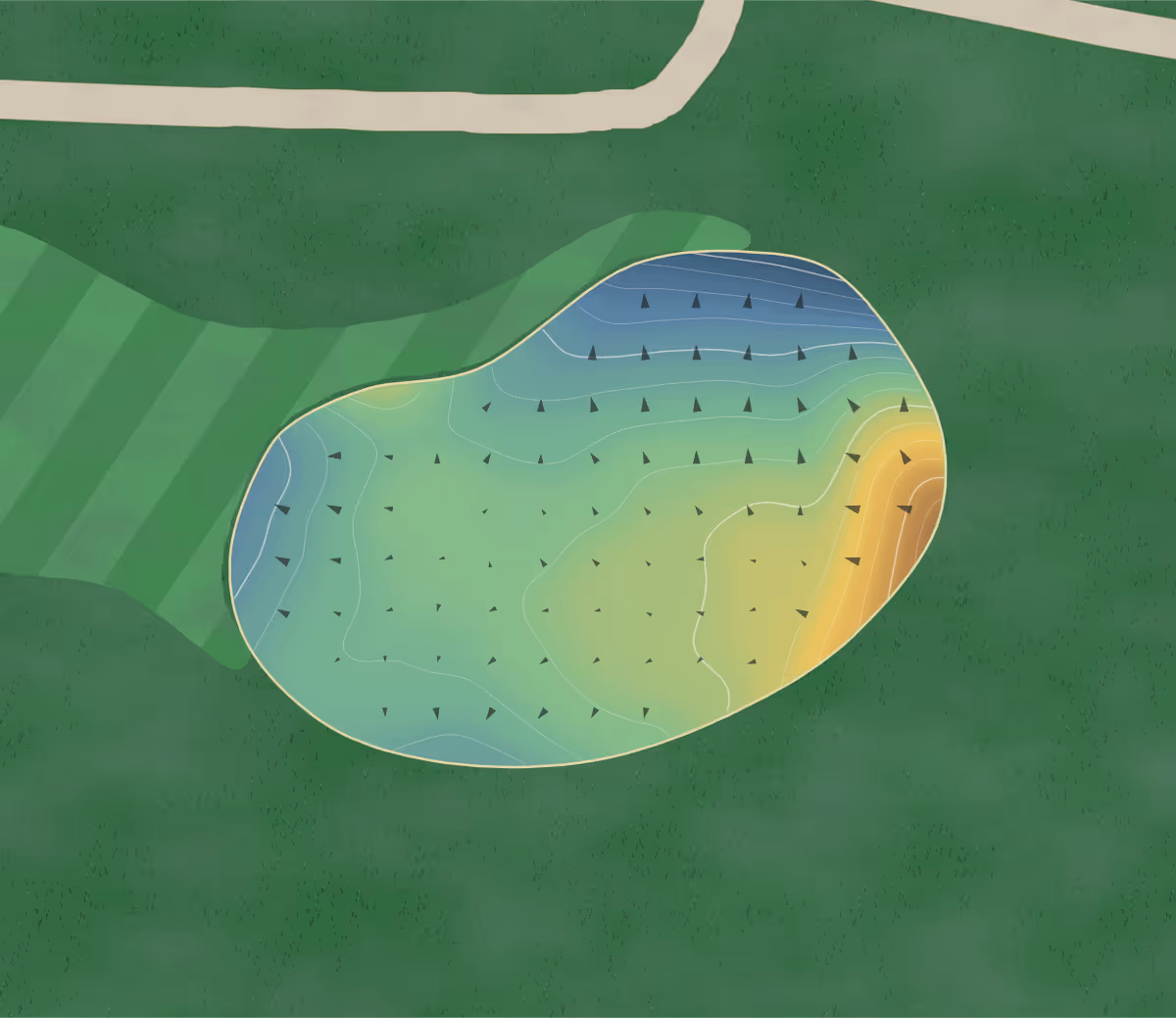 Green contour map of Bow Creek in Virginia Beach, Virginia: 102 elevation contours at a 3-inch interval with fall-line arrows, traced from 1-meter lidar