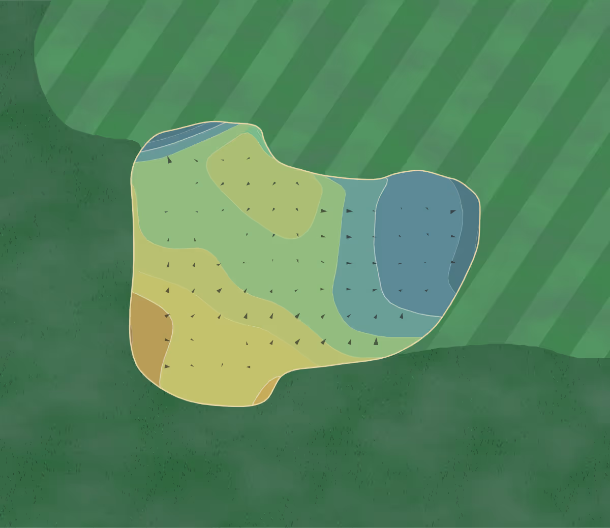 Green contour map of Bowes Creek in Elgin, Illinois — 105 elevation contours at a 3-inch interval with fall-line arrows, traced from 1-meter lidar