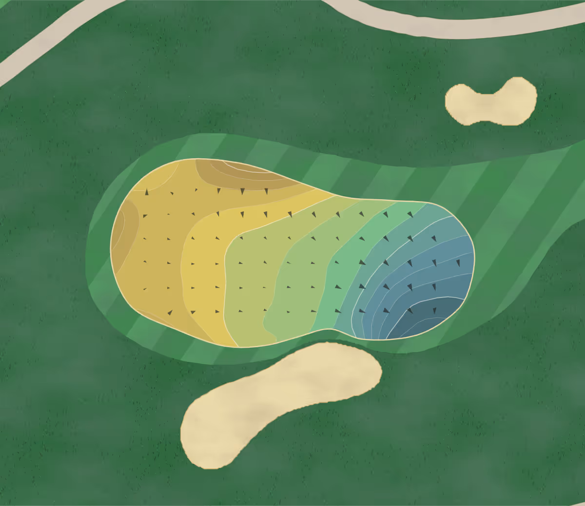 Green contour map of Bowie GC in Bowie, Maryland — 189 elevation contours at a 3-inch interval with fall-line arrows, traced from 1-meter lidar