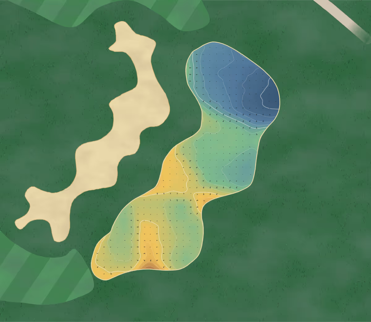 Green contour map of Bowood Hotel Spa and Golf Resort (1002053) Bowood Hotel Spa and Golf Resort - 2025 in Wiltshire, England — 172 elevation contours at a 8-centimeter interval with fall-line arrows, traced from 1-meter lidar