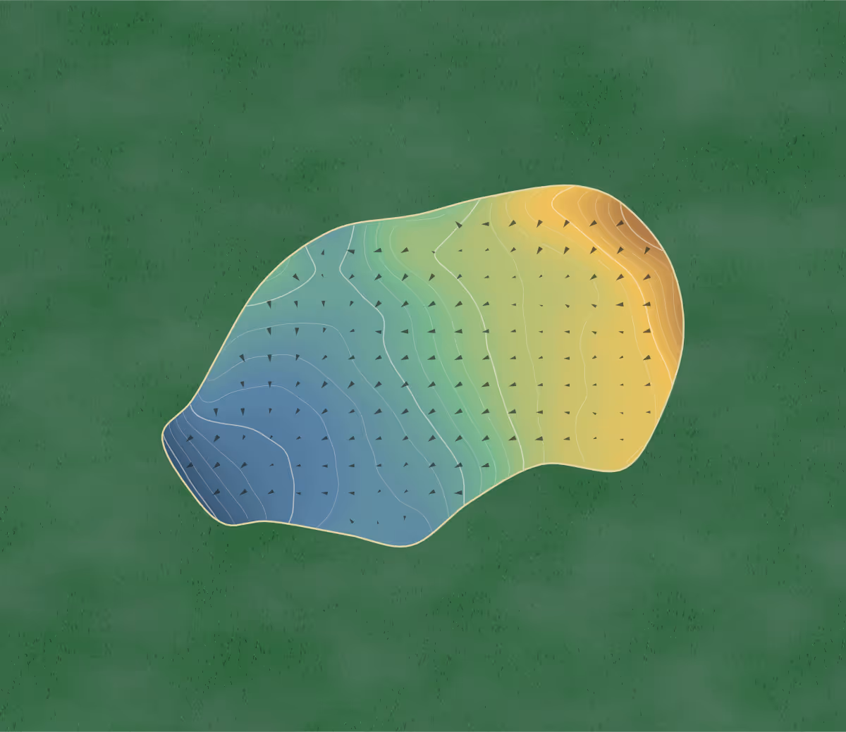 Green contour map of Bradford in Guiseley, England: 259 elevation contours at a 8-centimeter interval with fall-line arrows, traced from 1-meter lidar