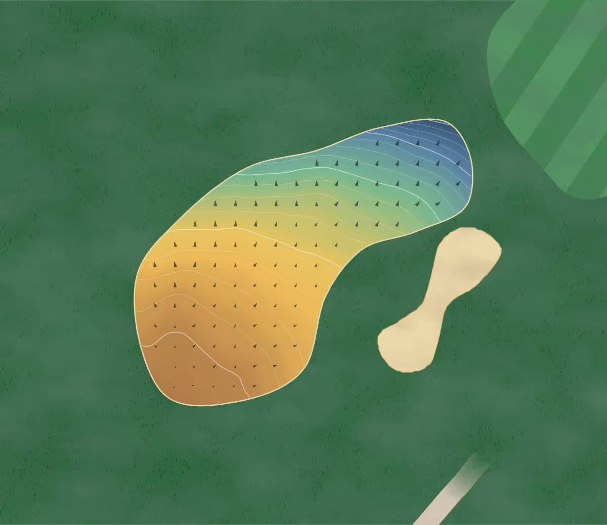 Green contour map of Bradley Park Golf Course (1002179) Bradley Park Golf Course - 2025 in Huddersfield, England — 233 elevation contours at a 8-centimeter interval with fall-line arrows, traced from 1-meter lidar