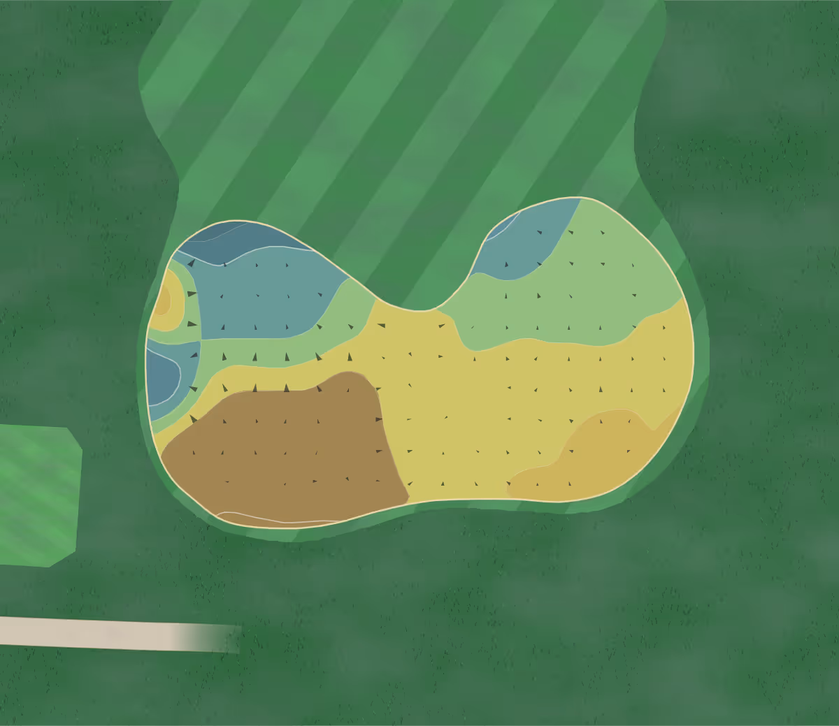 Green contour map of Bradshaw Ranch in Sacramento, California — 76 elevation contours at a 3-inch interval with fall-line arrows, traced from 1-meter lidar