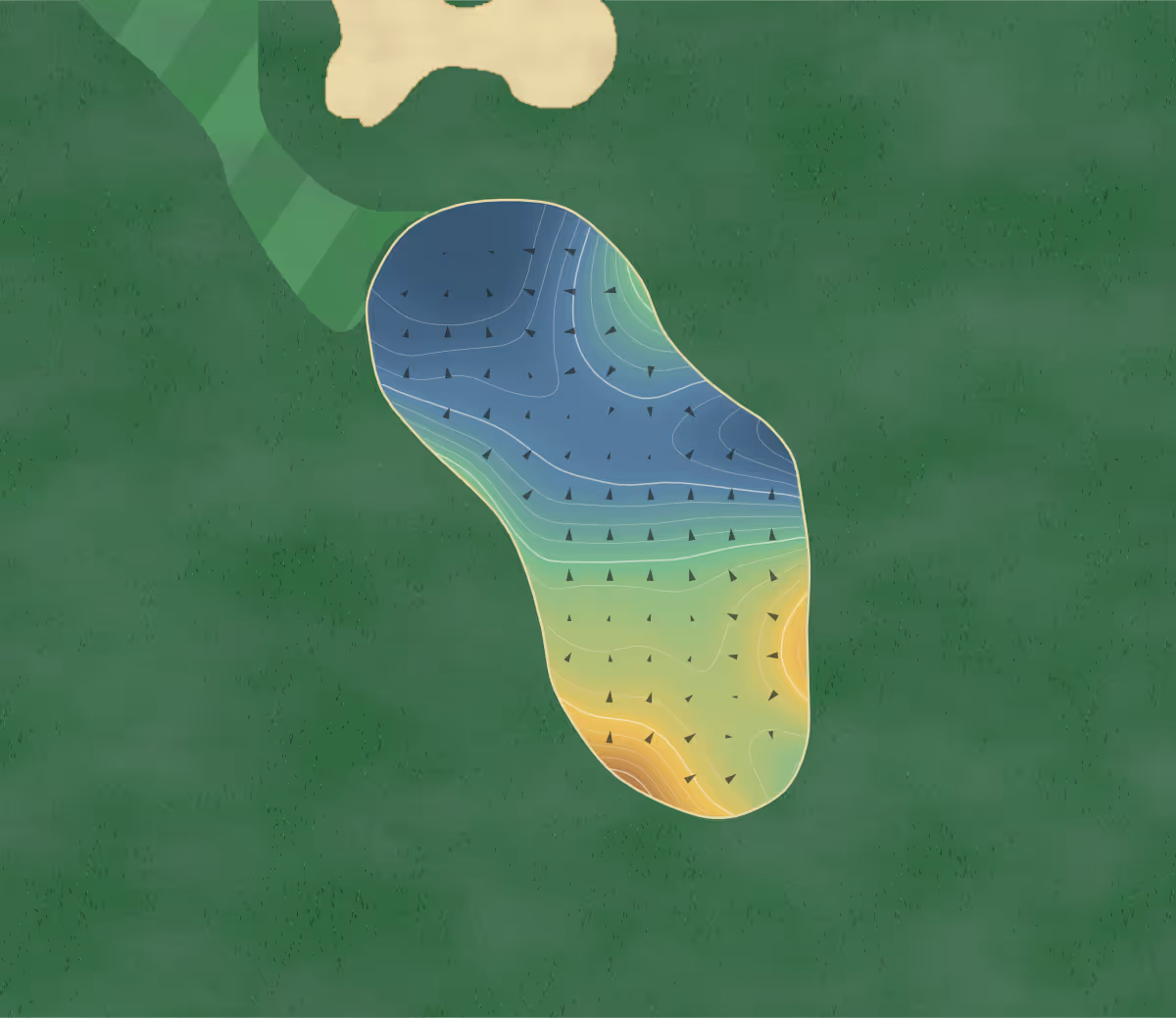 Green contour map of BraeBen in Mississauga, Canada — 211 elevation contours at a 8-centimeter interval with fall-line arrows, traced from 1-meter lidar