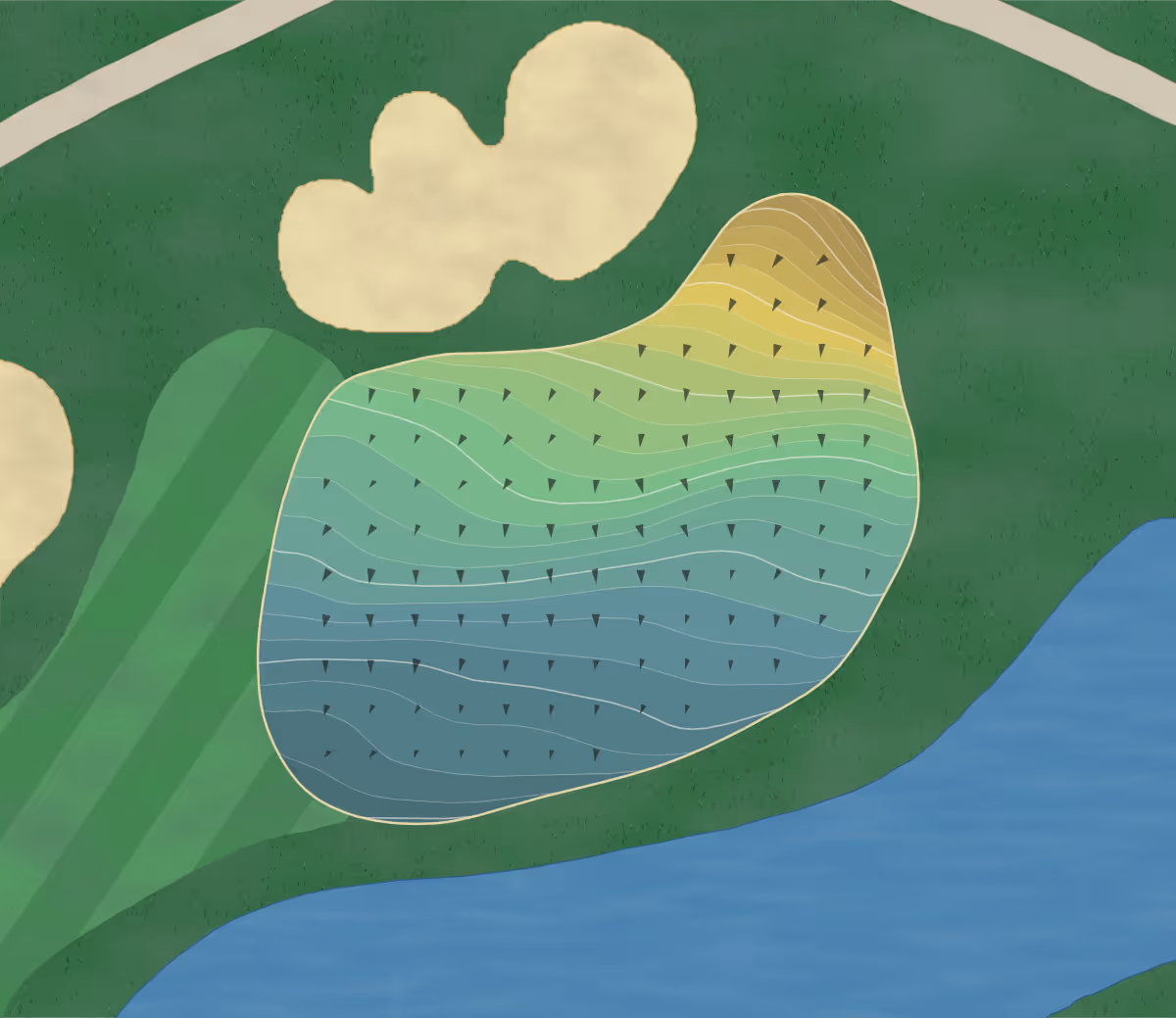Green contour map of Braelinn GC in Peachtree City, Georgia — 253 elevation contours at a 3-inch interval with fall-line arrows, traced from 1-meter lidar