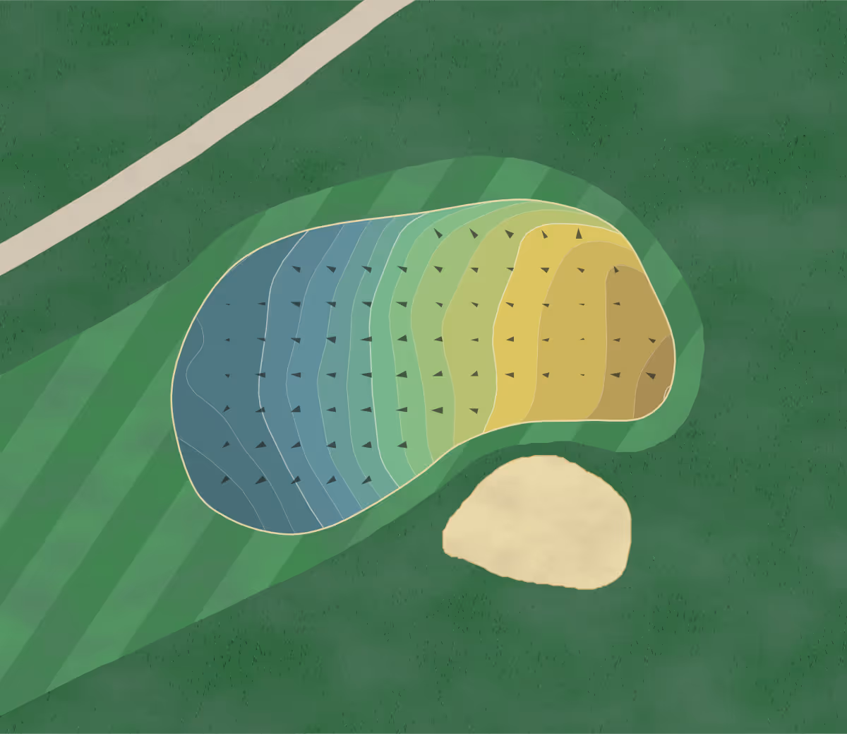 Green contour map of Braemar CC in Spencerport, New York — 157 elevation contours at a 3-inch interval with fall-line arrows, traced from 1-meter lidar