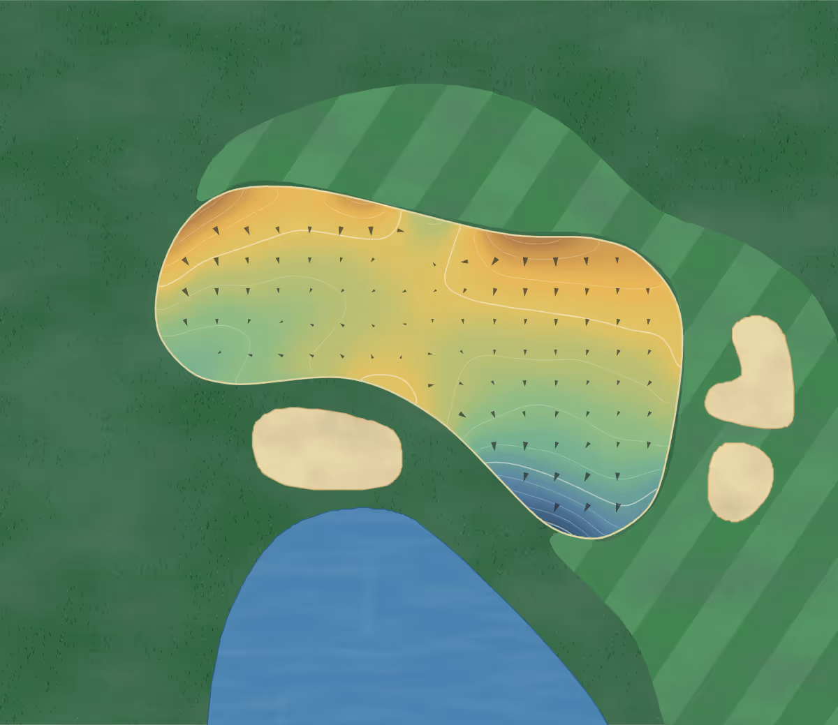 Green contour map of Braemar Golf Course in Edina, Minnesota — 74 elevation contours at a 3-inch interval with fall-line arrows, traced from 1-meter lidar