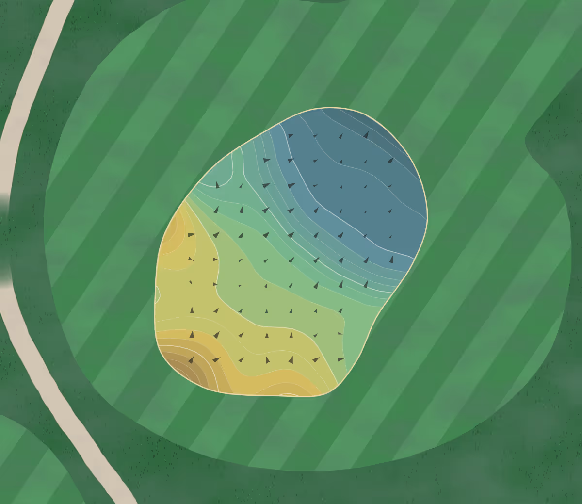Green contour map of Brainerd GC in Chattanooga, Tennessee — 216 elevation contours at a 3-inch interval with fall-line arrows, traced from 1-meter lidar